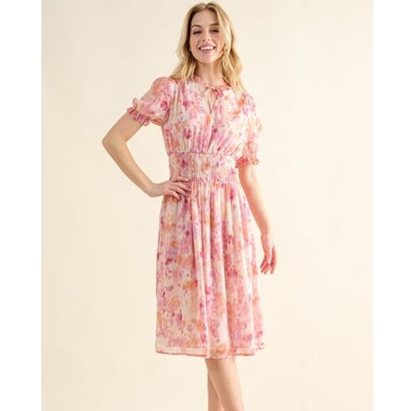 And The Why Smocked Waist Detail Printed Short Sleeves Midi Dress | Pink - Picture 4 of 6